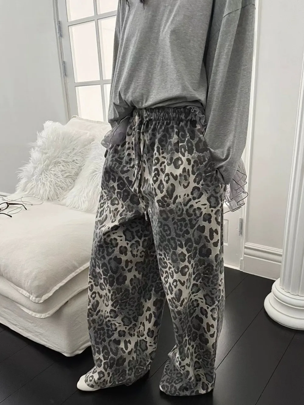 Tiger-Print-Freizeithose für Damen, Vintage-Stil, String, elastische Taille, lockeres, weites Bein, Fleischbedeckung, schlanke, gerade, bodenlange Hose