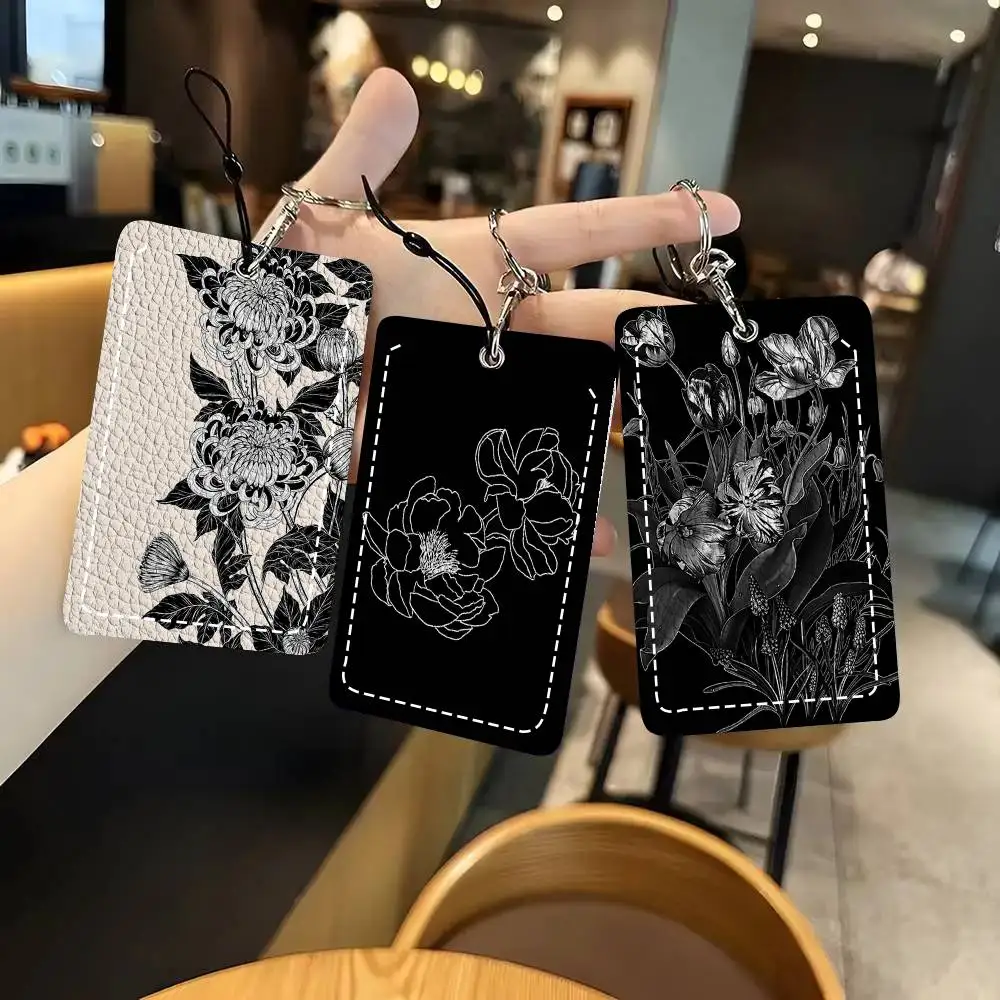 Black And White Flower And Plant Art Card Wallet With Keychain Fashion Print Bank Card Protective Holder