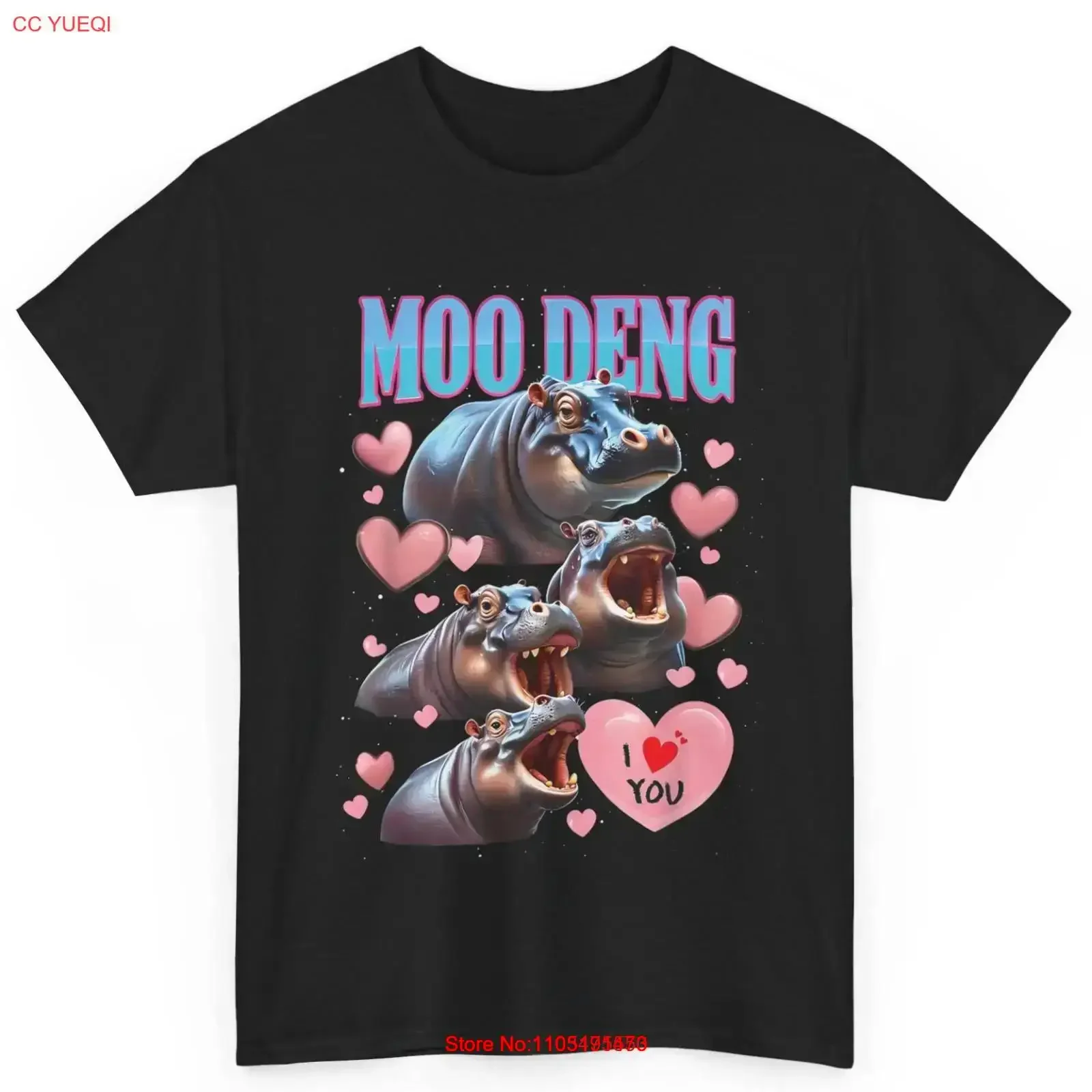 Moo Deng I Love You Baby Pygmy Hippo Bouncy Pig in Thai Zoo Cotton T Shirt vintage Washed Breathable Stretched fashion