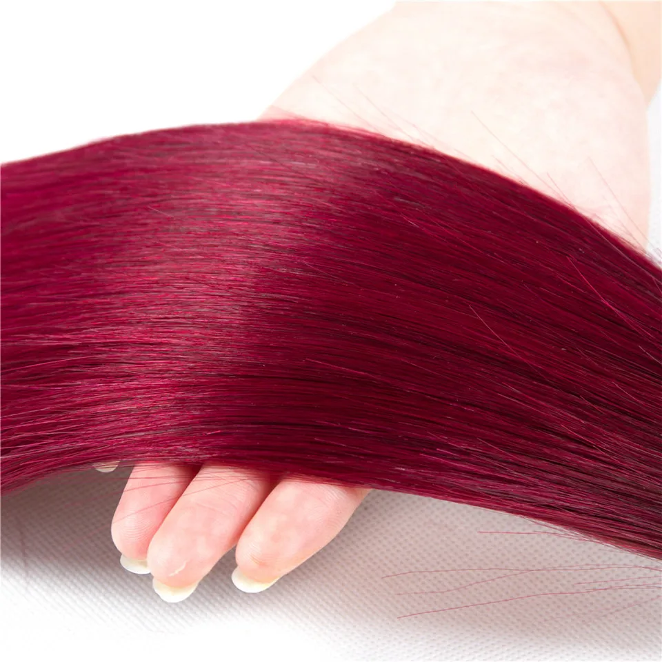 1B 27 bundel Burgundy dengan penutup Ombre berwarna bundel 3/4 merah dengan penutup bundel ekstensi rambut manusia lurus Brasil