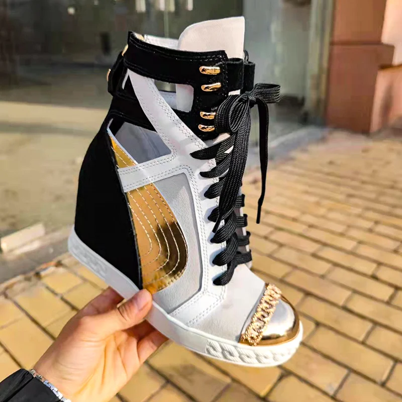 New Height Increasing Women Wedges Heel Mixed Colors High Top Female Chain Flats Shoes Top Quality