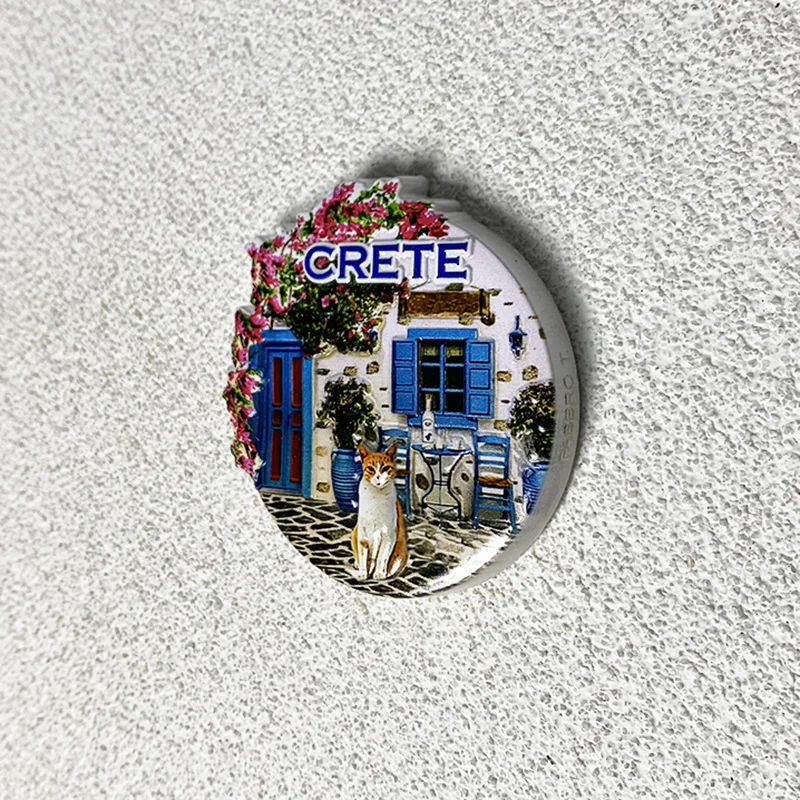 مغناطيس ثلاجة من الراتنج ثلاثي الأبعاد من كريت - مصاريع زرقاء نابضة بالحياة، فناء ساحر، قطة رائعة - هدية مثالية لديكور المنزل