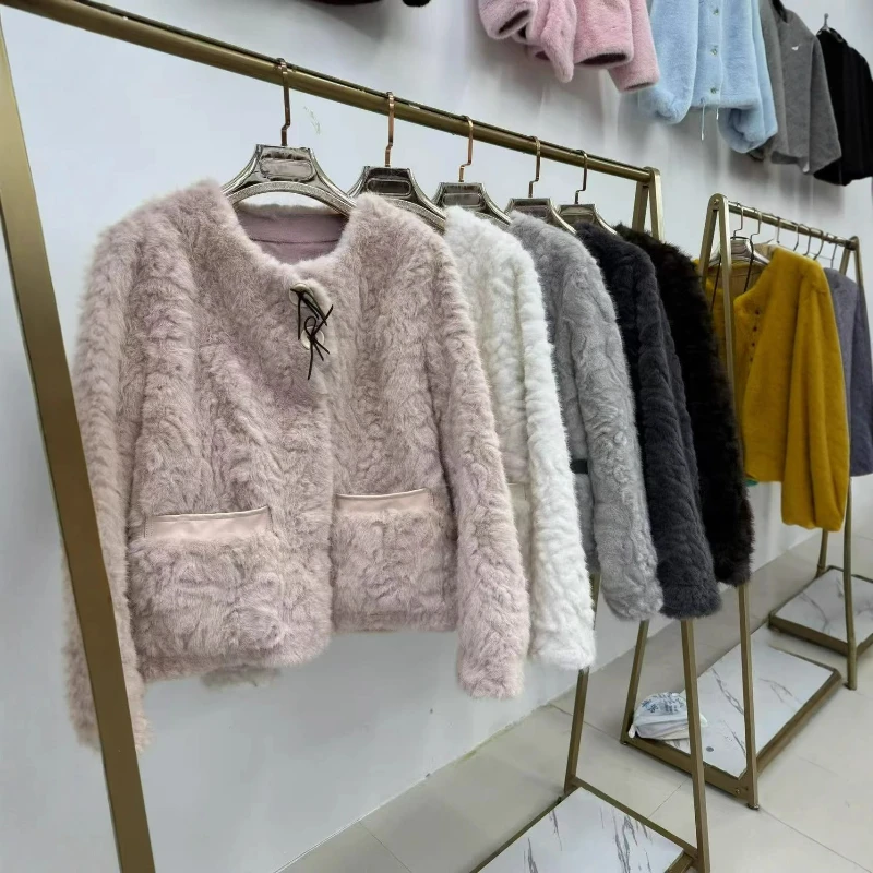 Umweltfreundlicher Pelz-Rundhalsausschnitt, einreihiger Kurzmantel für Damen, 2026, Herbst und Winter, modisch, elegant, floraler Fuchs, Nerz, warme Jacke