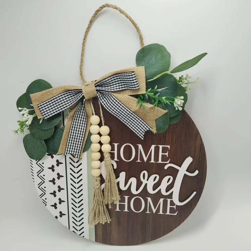 Gifts 2D Flat Welcome Sign Wooden Bow Knot Hanging Decoration Flower Round Shape Door Wreath Home Decor