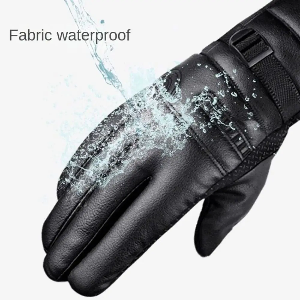 New Fashion Thick Plush Leather Gloves PU Leather Touch Screen Furry Warm Mitts Mitten Men