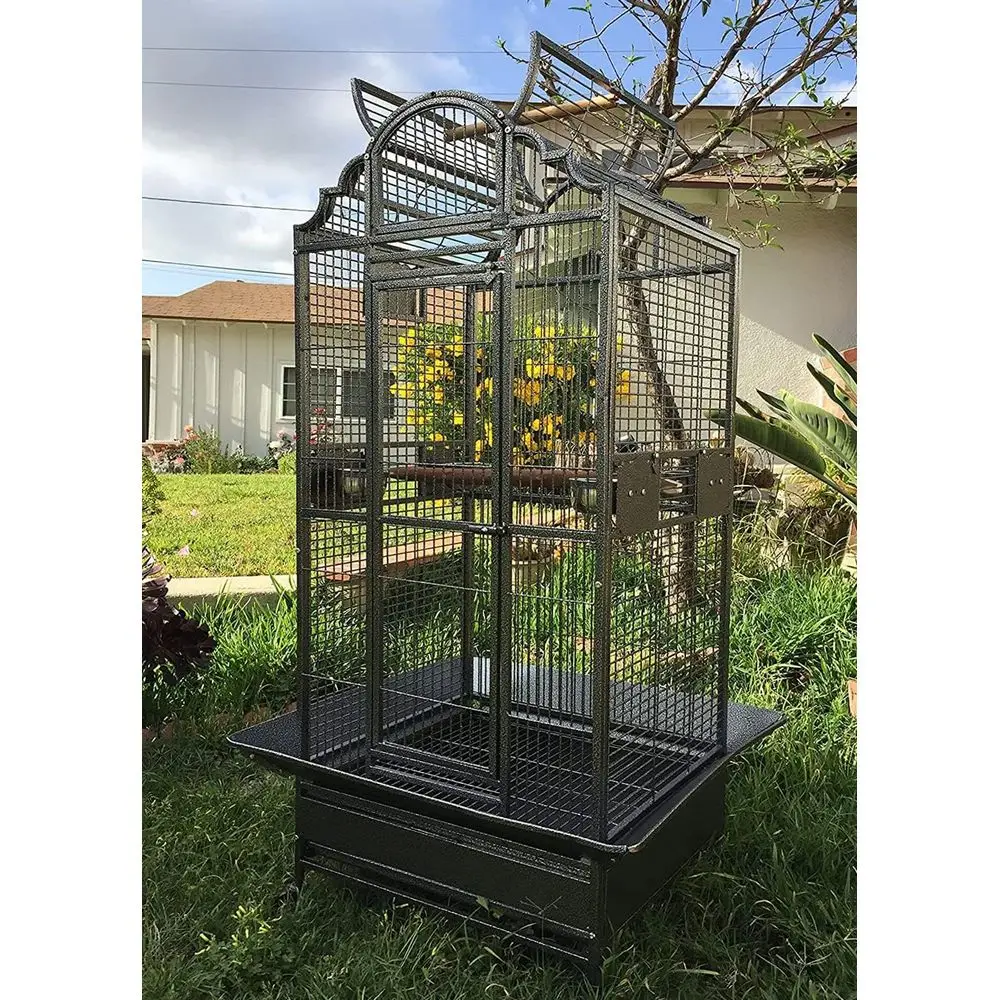 

Stylish, Robust Wrought Iron Birdcage with Play Top, Seed Guard, and Feeder Nest Doors - 24L x 22W x 63H, Black