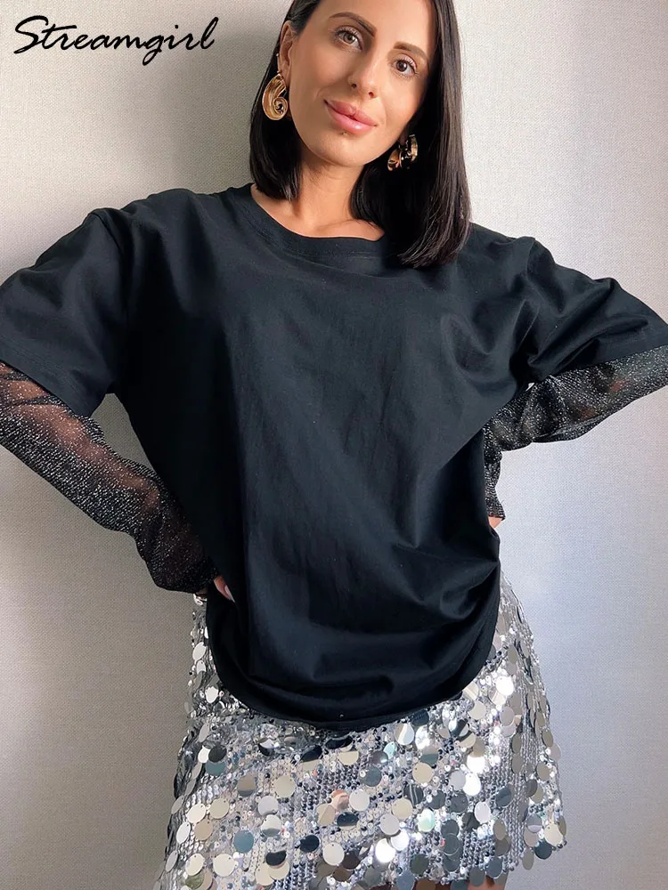 Bright Mesh Oversize T Shirt Women Long Sleeve Summer Bright Silk Sunscreen Top Loose Mesh Sleeves Tshirts For Women Black 2025