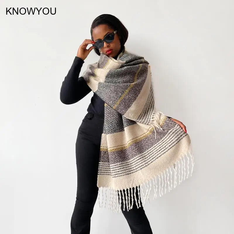 

2026 теплая клетчатая кашемировая шаль-пончо, накидки Bufanda с кисточкой, повседневный вязаный зимний шарф Echarpe, роскошное одеяло с принтом, пашмина