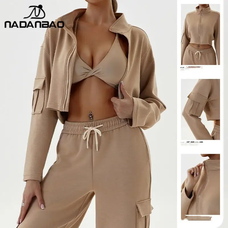 NADANBAO Sports Crop Top Women Gym Clothing Yoga Loose Tops Winter Long Sleeve Sportswear Fitness Smock Workout Clothing