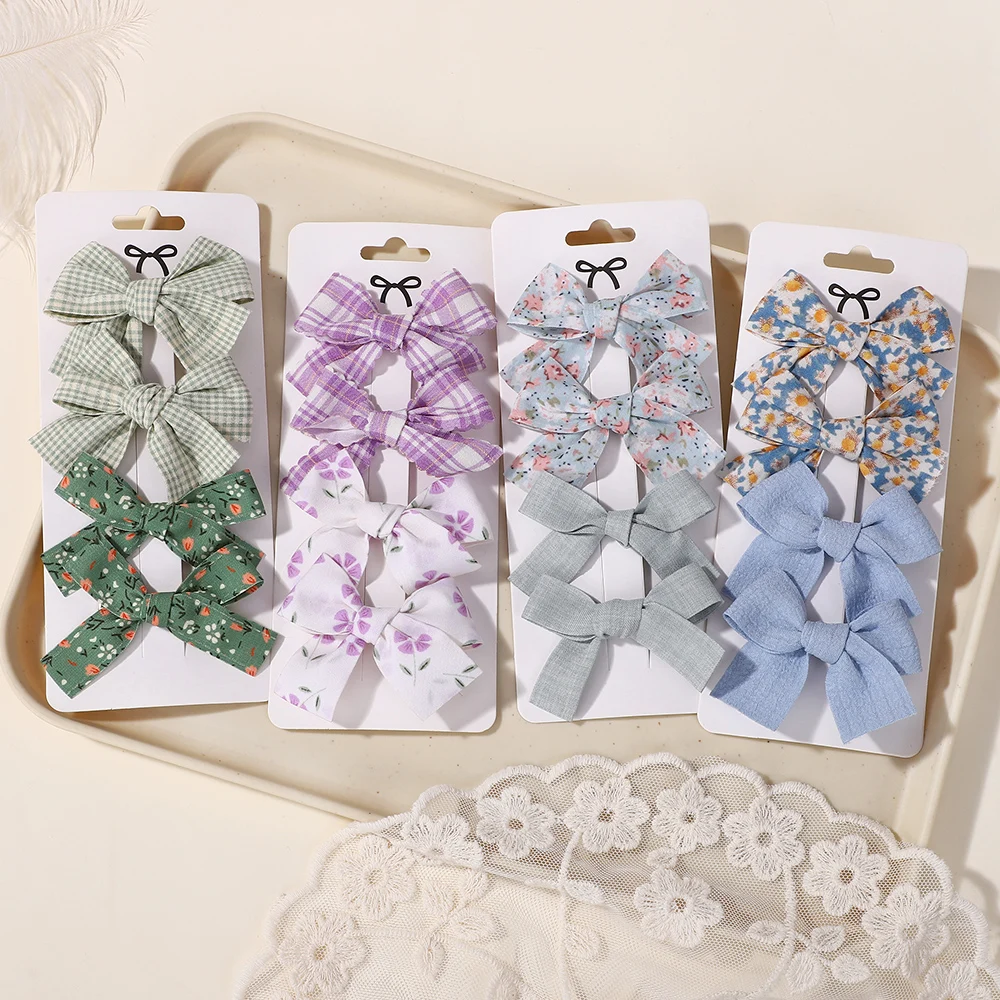 4 Teile/satz Ins Bögen Haar Clip Süße Nette Frische Druck Blume Karierten Haarklammern Spitze für Mädchen Gestreiften Garn Haarspange geschenke