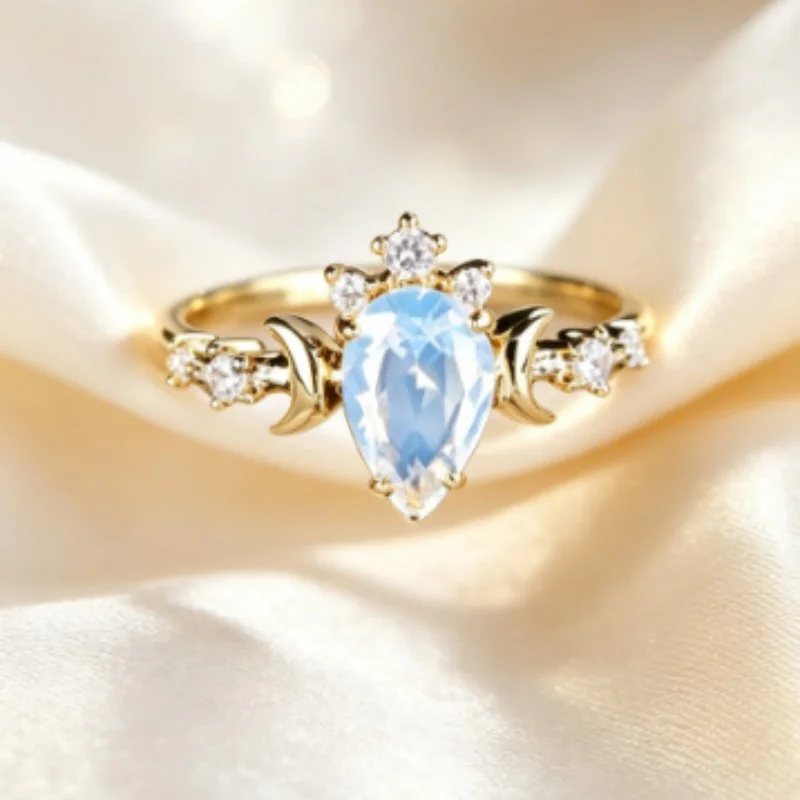 2026 New Dreamy Star Moon Water Drop Albumin Gold Ring for Female Niche Immortal Charm Crescent Personalized Accessory