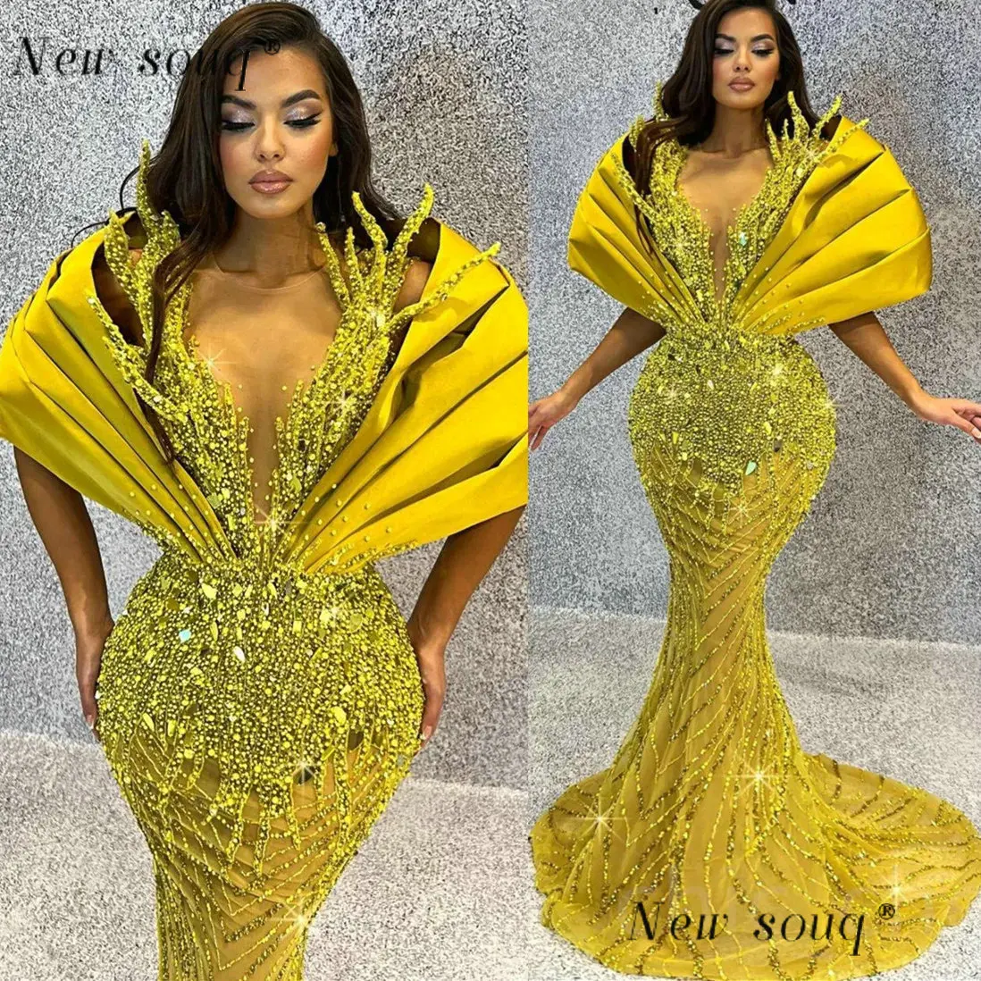 Arabic Muslim Gold Mermaid Evening Dresses with Bolero Wrap 2023 Middle East Sparkly Beaded Sequined Wedding After Party Gowns