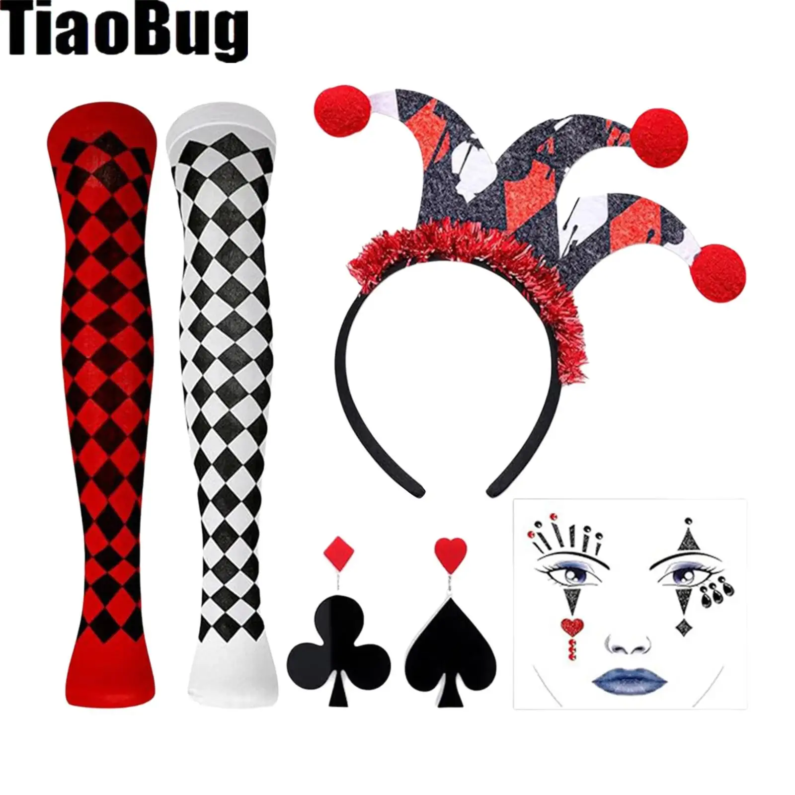 Women Clown Costume Props Accessories Set Halloween Color-blocked Stockings Hair Hoop Earrings And Tattoo Sticker