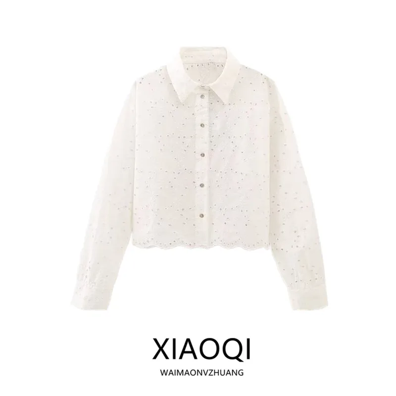 Ele White Embroidered Long Sve ort irt Women's Faion Summer New Arrival Hollow out Design High Waist Commute Sle