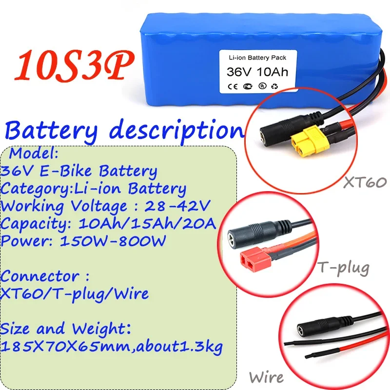 2024 Genuine Best Seller 36V Li-ion Battery  10Ah 15Ah 20Ah T-Plug XT60 Wire Connector and BMS For Ebike Battery Pack