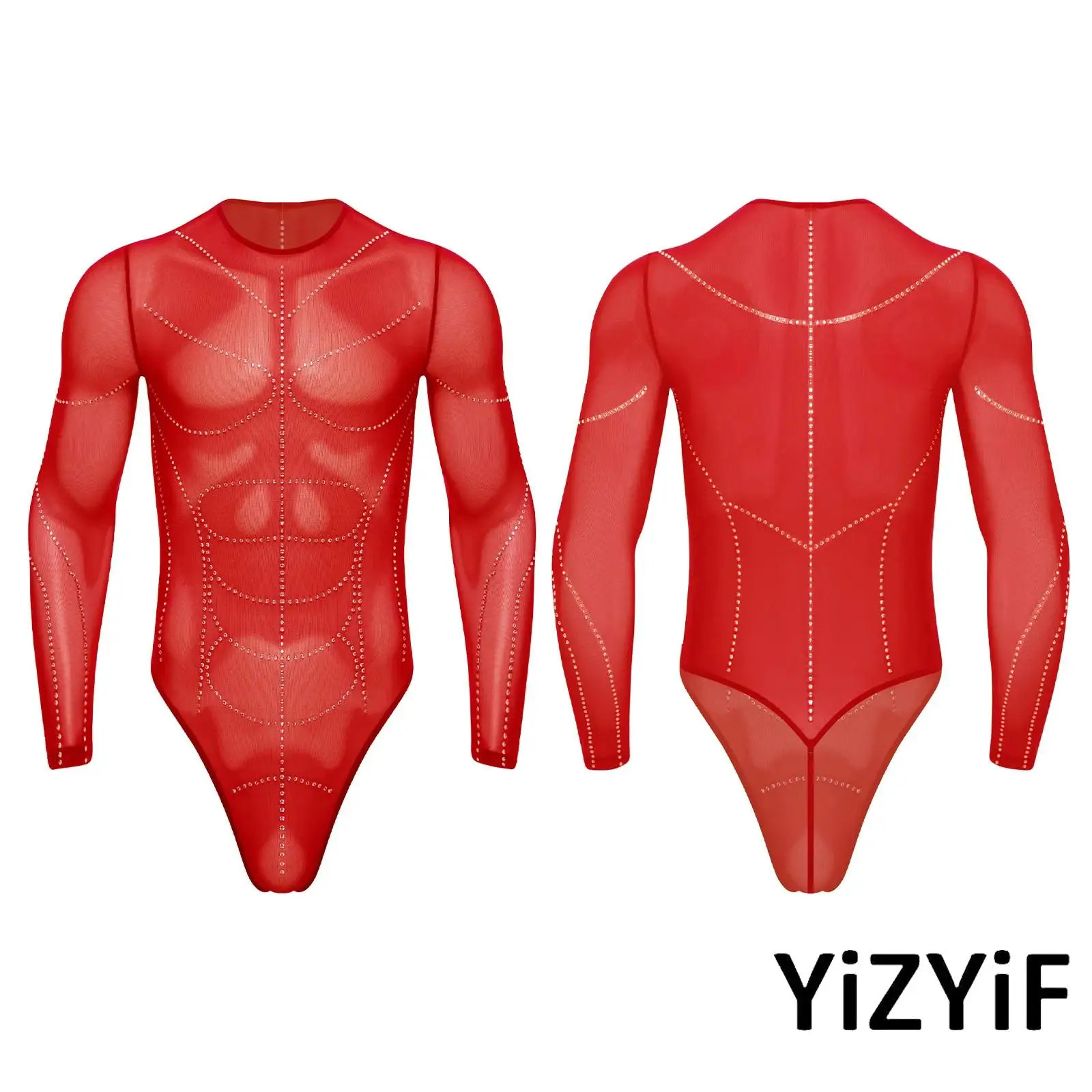 

Mens Sexy Transparent Ultra-thin Slim Fit Sheer Mesh Bodysuit Long Sleeve Rhinestone Shaping Muscle Lines Jumpsuit Body Shaper