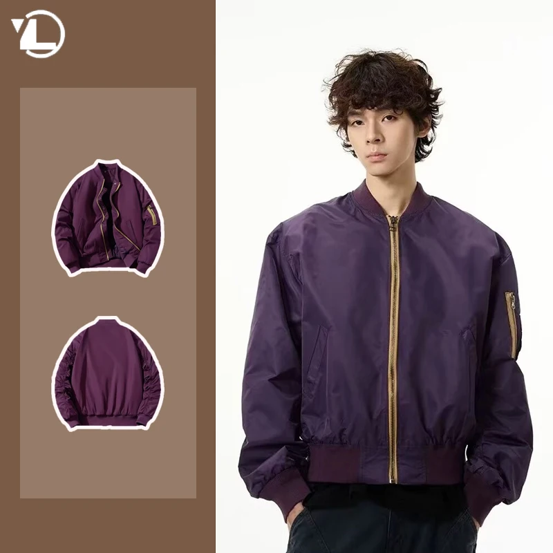 Japanese Harajuku Mens Baseball Jersey 2024 Autumn American Retro Purple Pilot Coats Color Block College Couple Trend Jackets