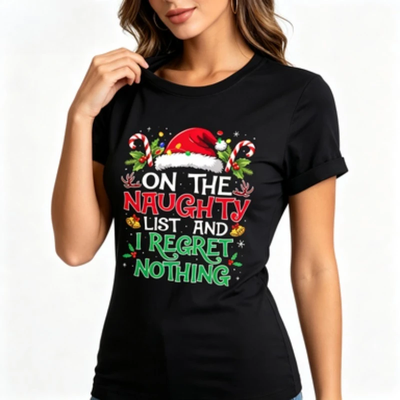 Funny on The List of Naughty and I Regret Nothing Christmas T-Shirt Funny Graphic Print Round Neck Tshirt Cute Casual Clothing