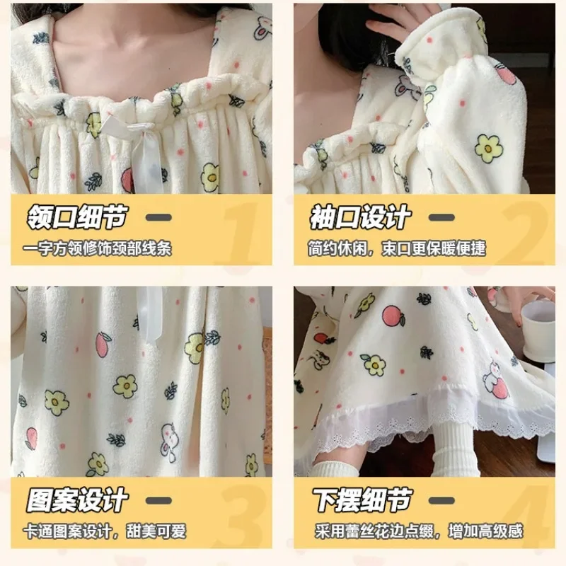 Plus Size Flannel Pajamas Women\'s Autumn and Winter Sweet Cartoon Long-sleeved Nightgown Thickened Winter Warm Student Sleepwear