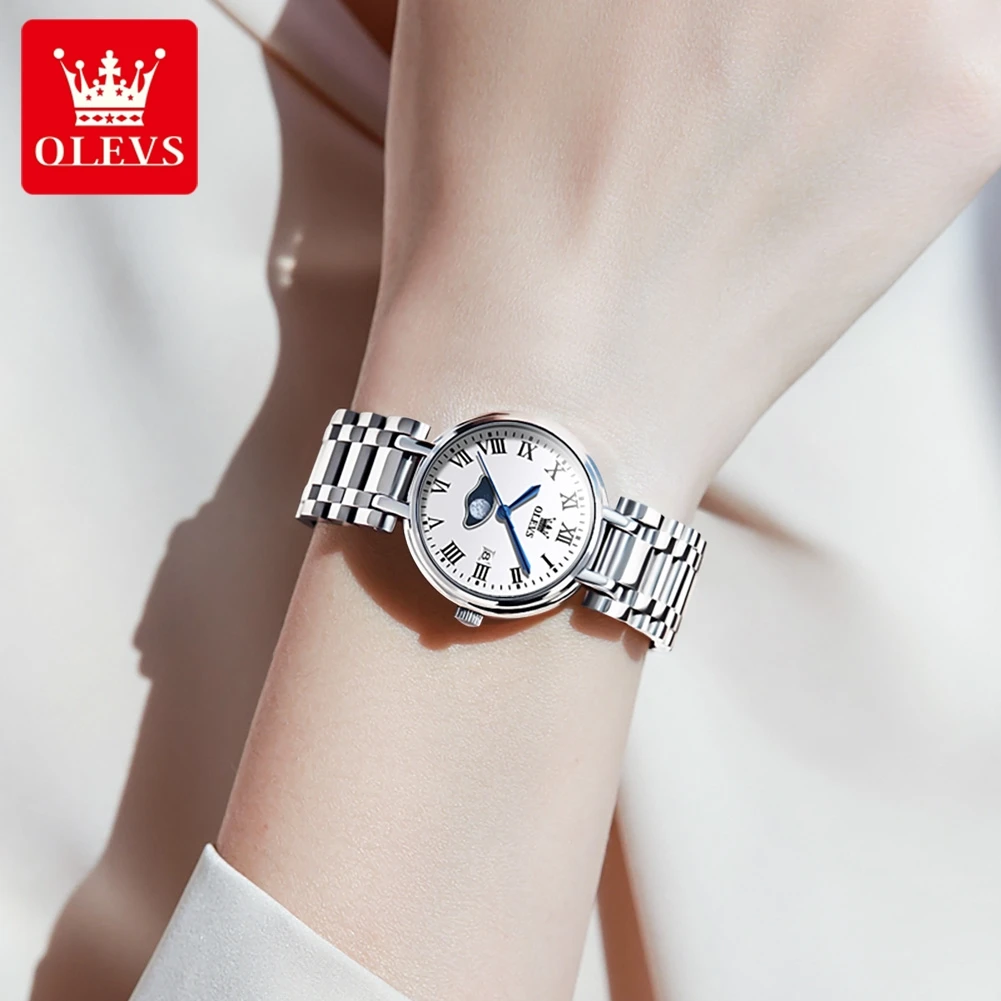 OLEVS Women's Watches Quartz Watch for Women Fashion Wristwatch Roman Number Stainless Stee Strap Waterproof Date Moon 5573