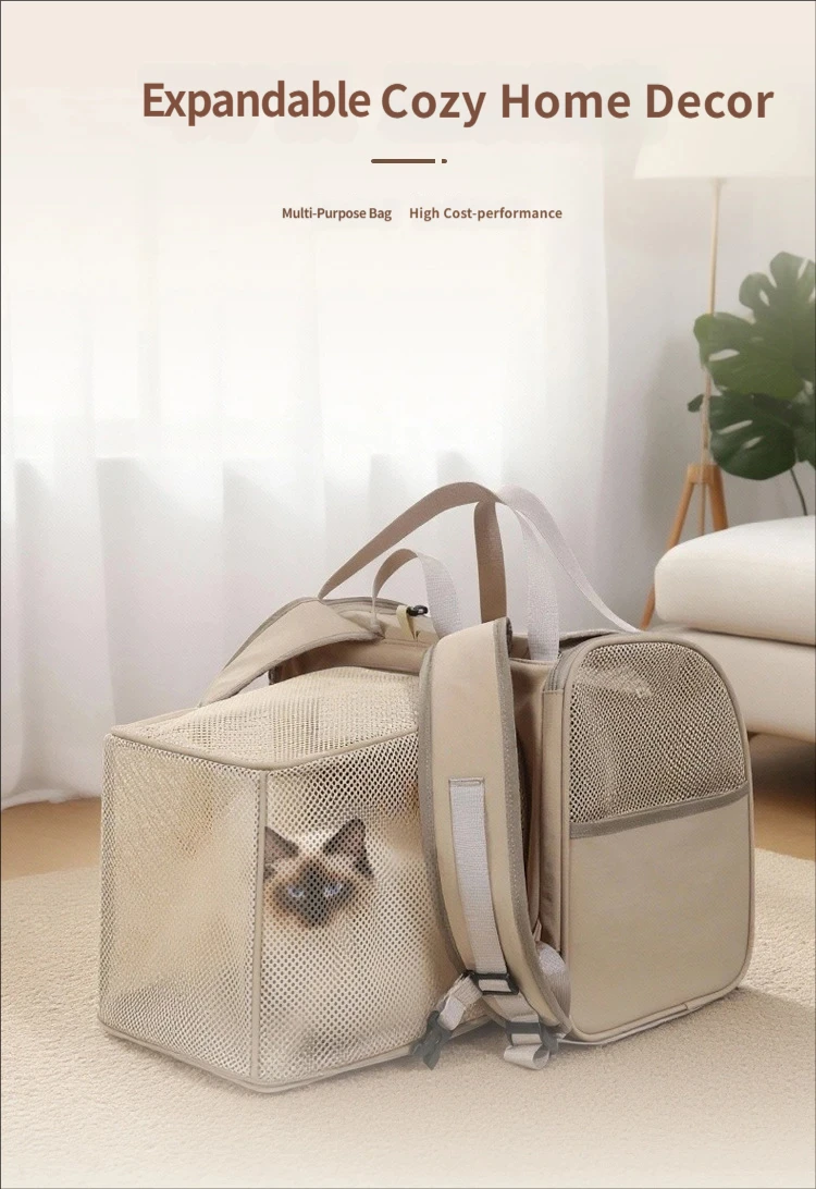 Expandable handheld pet backpack, dual shoulder pet carrier, portable small dog and cat car bag