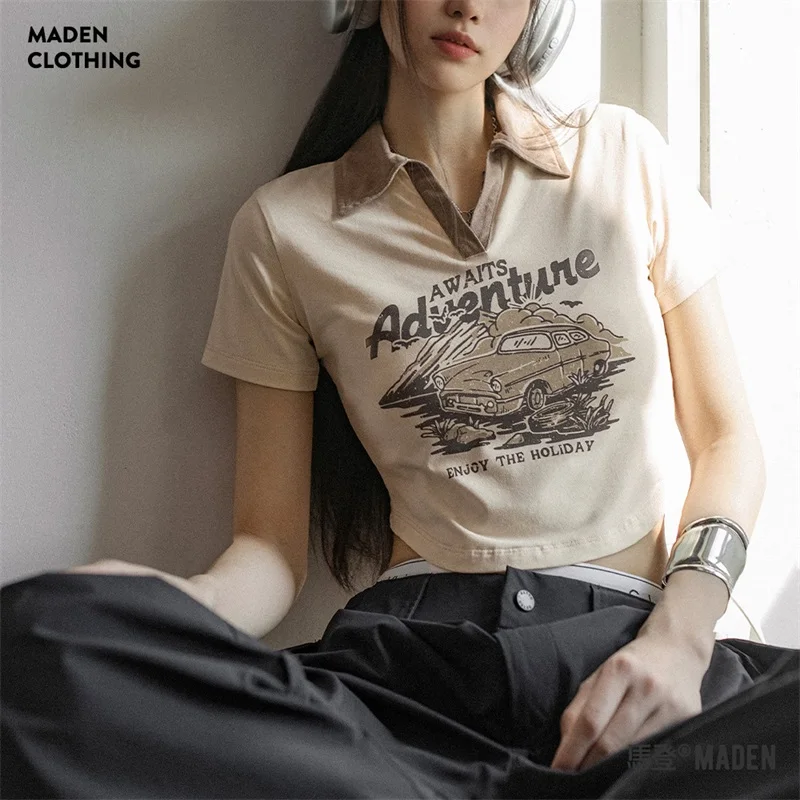 Maden Vintage Printed Polo Shirts for Women Summer Crop Top Short T-Shirt V-Neck Apricot Tops Women's Vacation Clothes Slim Tees