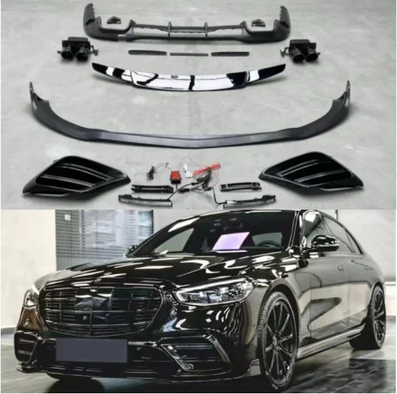 New！ For Benz W223 S400 S450 2021-2023 Black Knight Bumper Front Lip Fog Lamp Cover Rear Trunk Diffuser Spoiler With Exhaust Tip