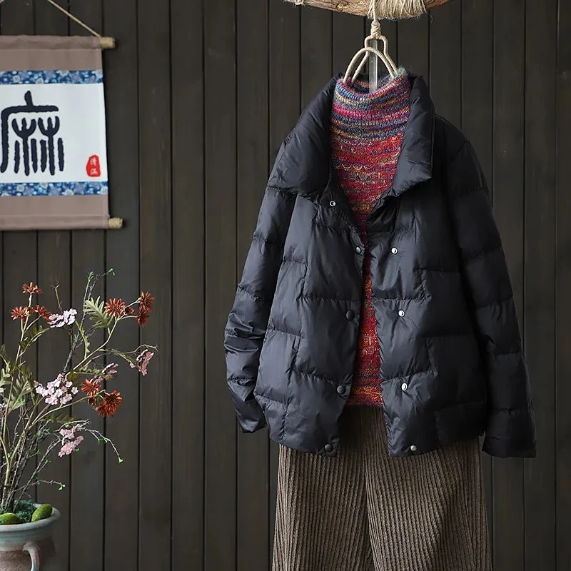 Nowa krótka lekka kurtka puchowa z białego puchu kaczy, modna ciepła kurtka puchowa ze stójką, damska luźna parka, odzież wierzchnia 2025