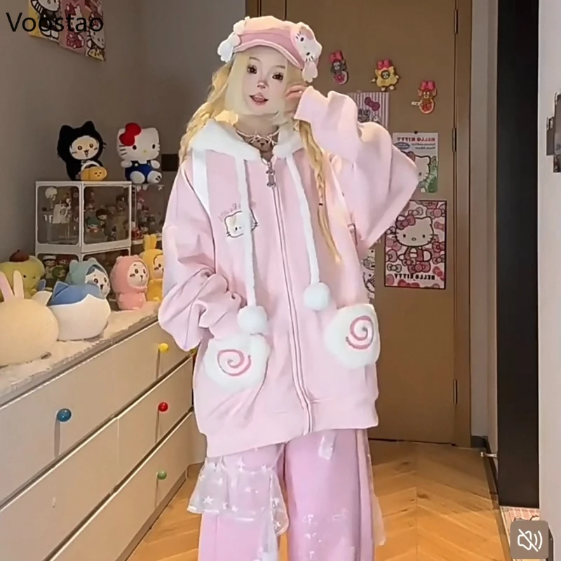 اليابانية Kawaii الكرتون التطريز لوليتا هوديس المرأة لطيف جيب فضفاض قمصان سويت شيرت بقلنسوة Y2k الجمالية عادية الجرونج هودي