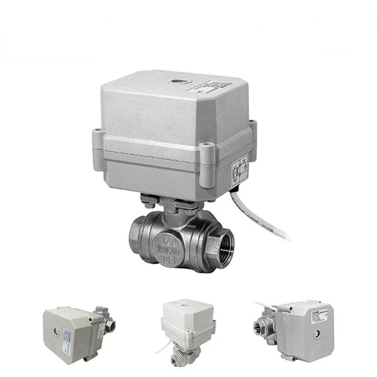 DN25 stainless steel SS304 BSP NPT Thread normal closed Motorized 3 way Ball Valve