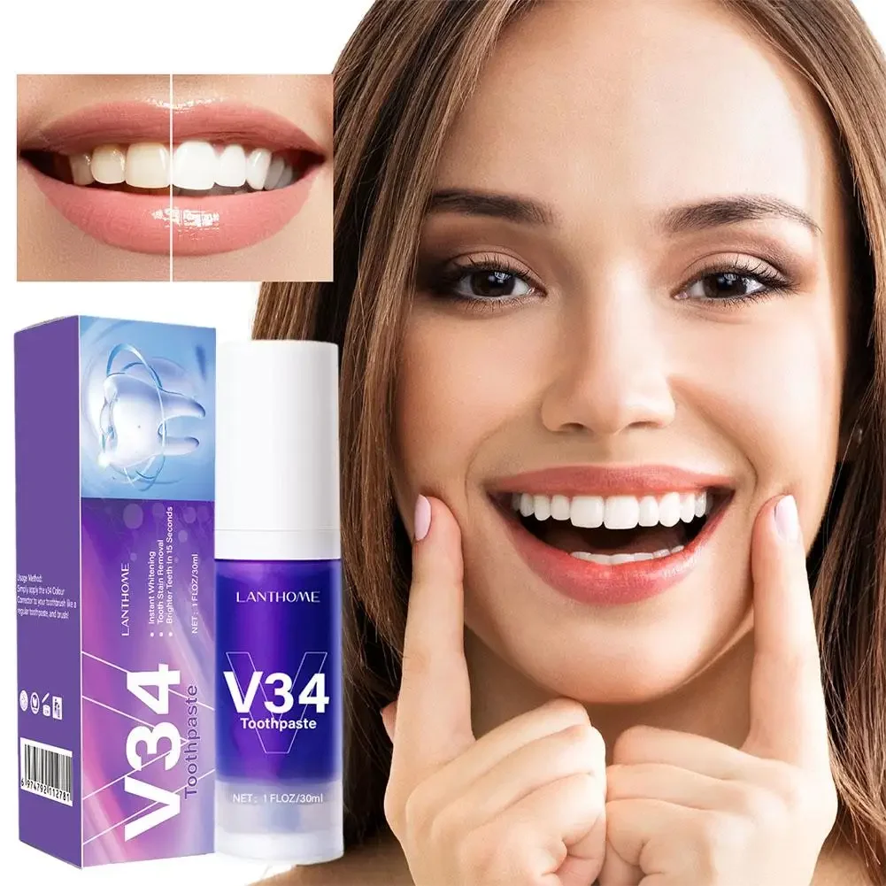 Dentes roxos Whitening Creme dental, Remover Mancha De Mancha, Essência De Clareamento, Corretor De Cor De Respiração Fresca, Oral Care, V34