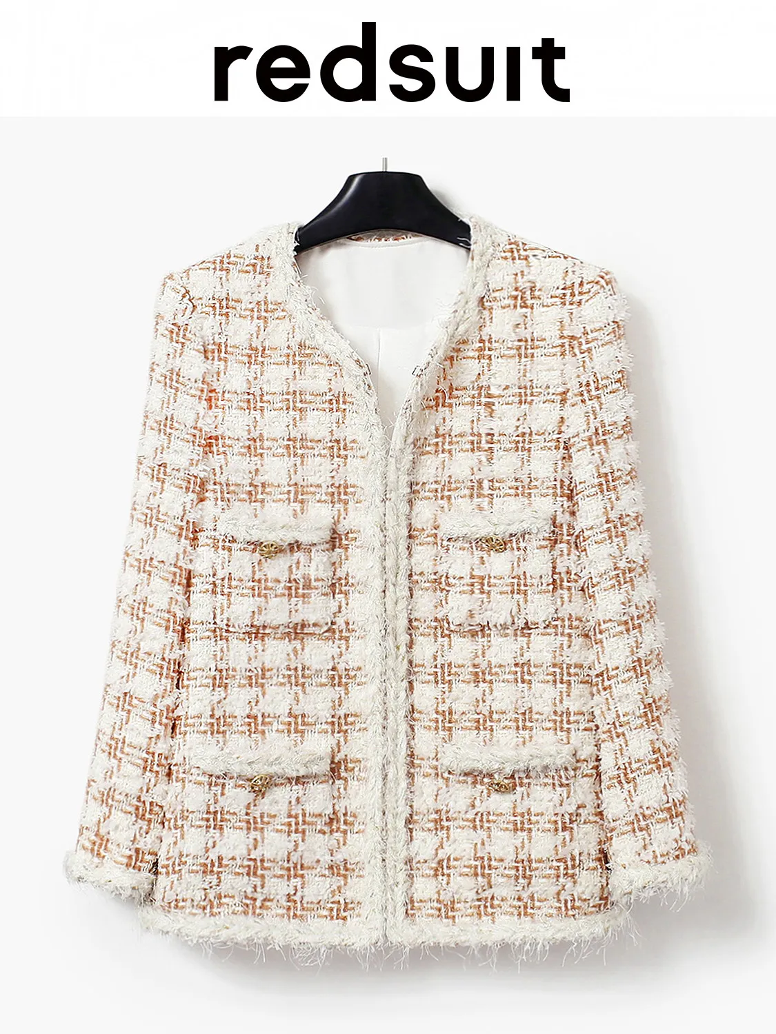 New Advanced woven tweed four pocket long jacket with grid pattern versatile top Custom Size