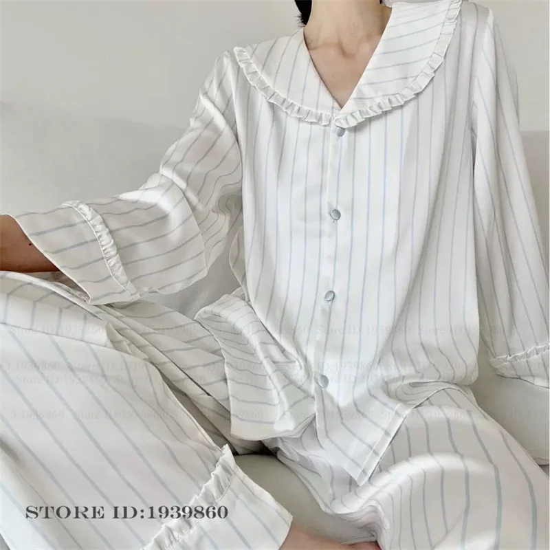 

Милый полосатый пижамный комплект с рюшами по краям, весенне-осенняя женская одежда для сна, брюки с длинными рукавами, пижамный костюм, свободная атласная домашняя одежда Sik