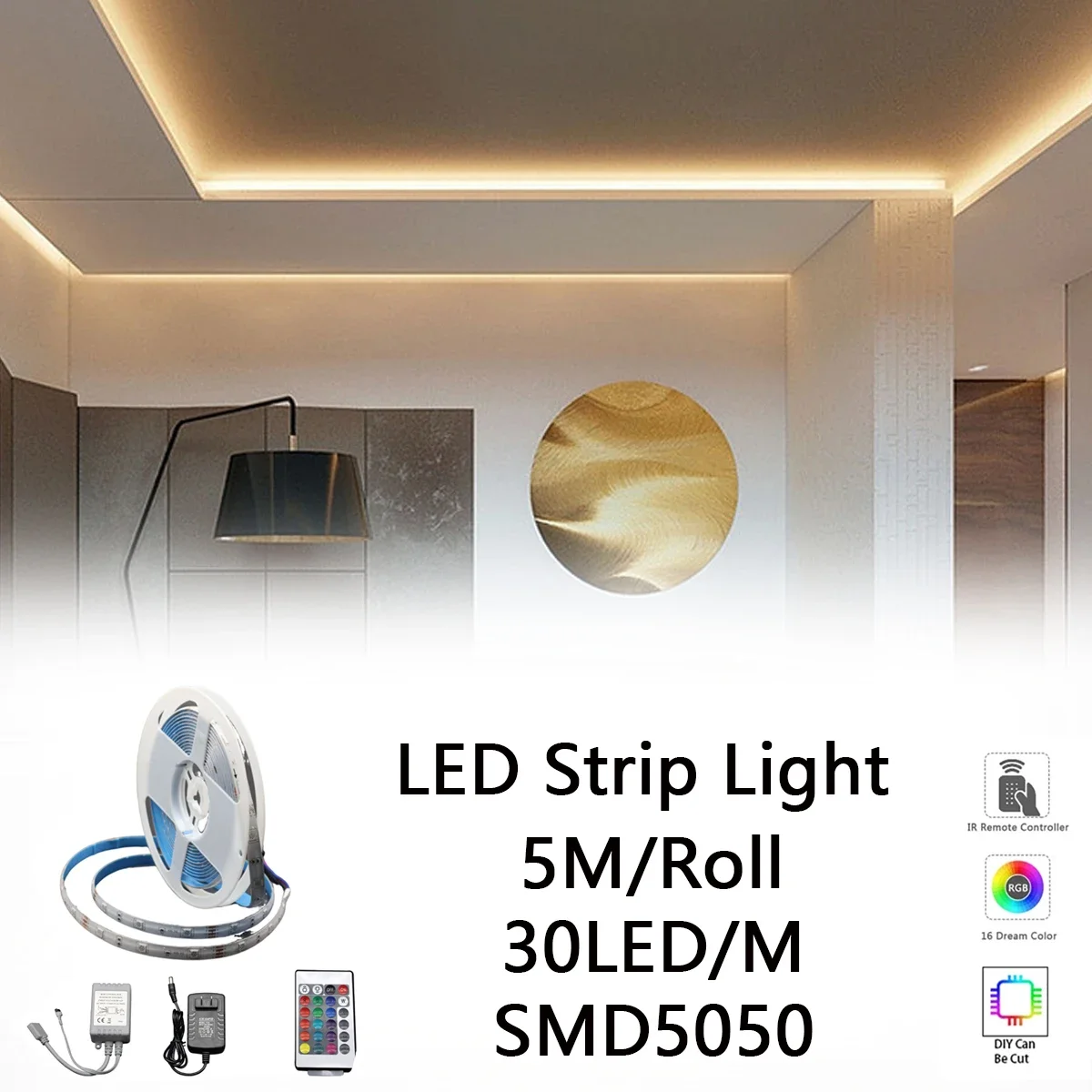 

IP20/IP65 RGB светодиодная лента SMD5050 RGB 5 м/рулон 30 светодиодов/м 150 светодиодов 12 В 24 инфракрасный пульт дистанционного управления подходит для украшения домашней вечеринки