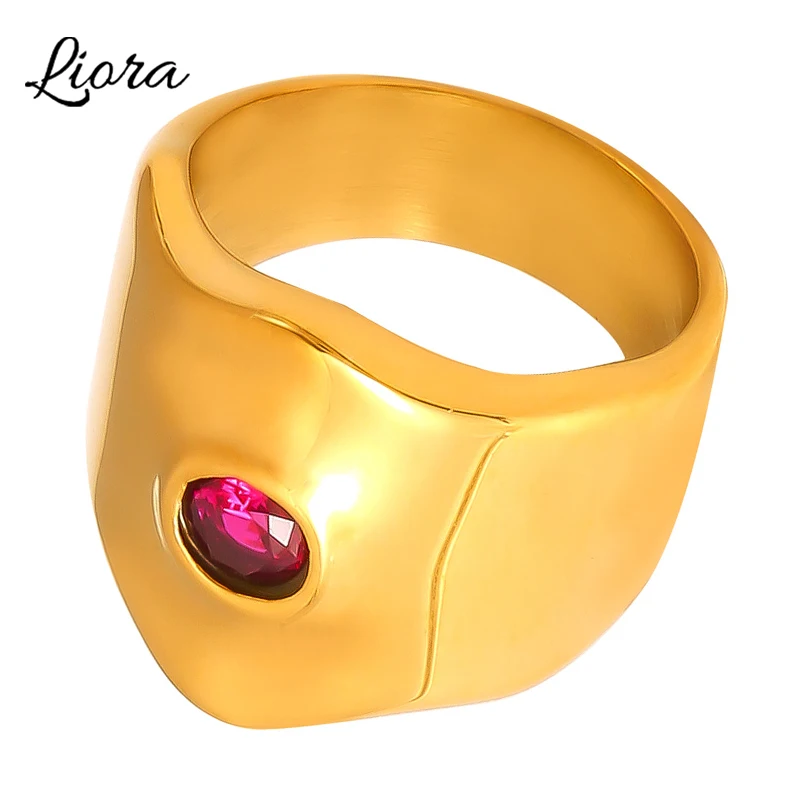 Liora Stainless Steel Round Smooth Charm Rings For Women Red Cubic Zirconia Finger Statement Rings Waterproof Jewelry Gifts