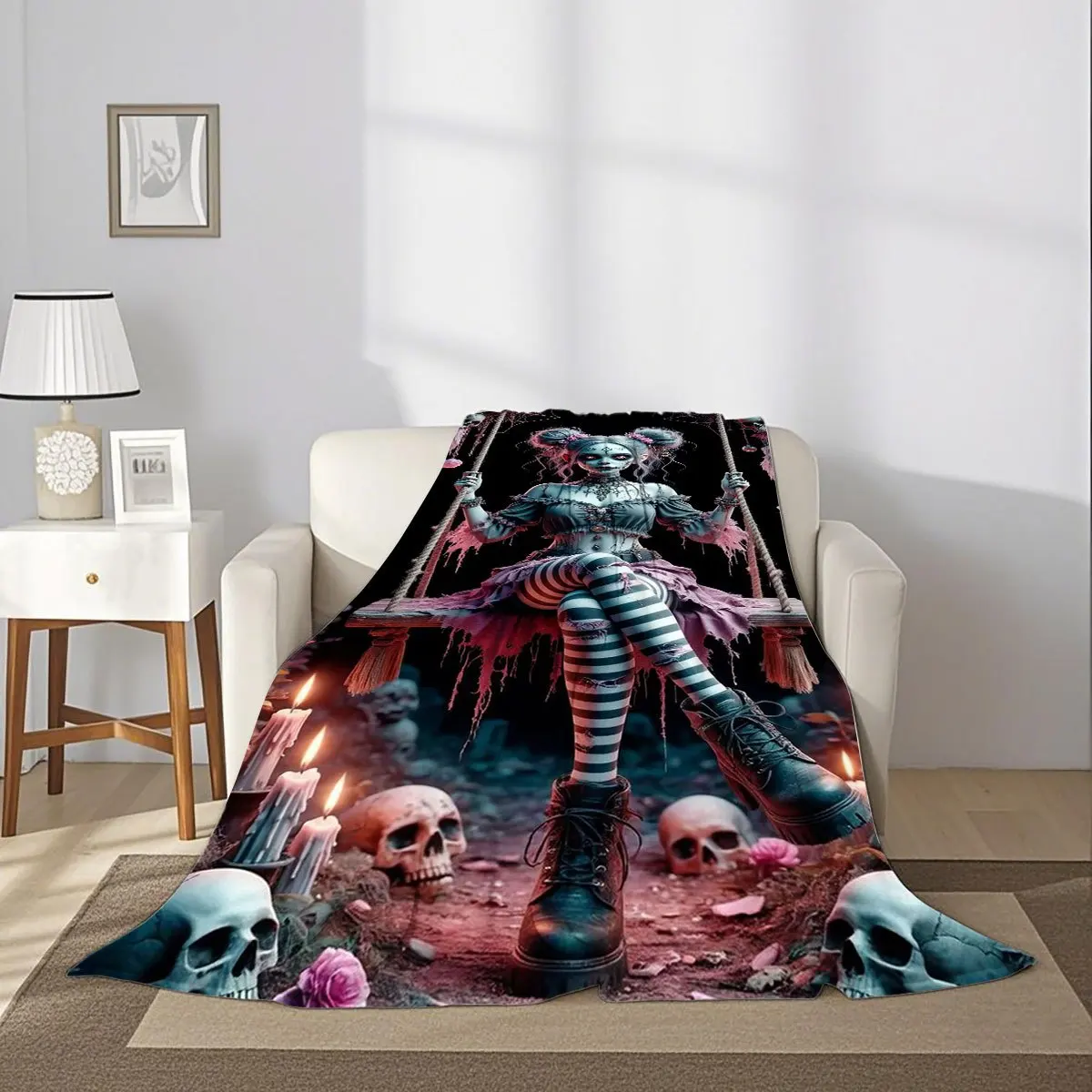 Horror Clown Day of the Dead Doll Flannel Blanket, Skeleton Candle Swing Throw Blanket,  Dark Style Art Blanket