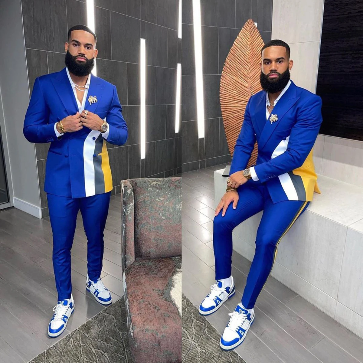 Men Wedding Trouser Sets Royal Blue Double Breasted Tuxedos Outfits Business Formal Wear Jacket Matching Sets 2 Pieces