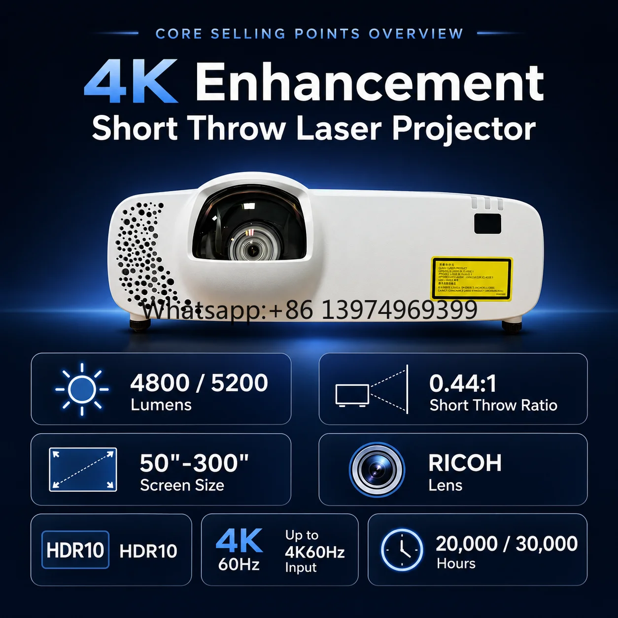 OEM 5200 Lumens Short Throw Laser Projector 4K Enhancement HDR10 RICOH Lens Built-In Speakers Portable for Home Theater