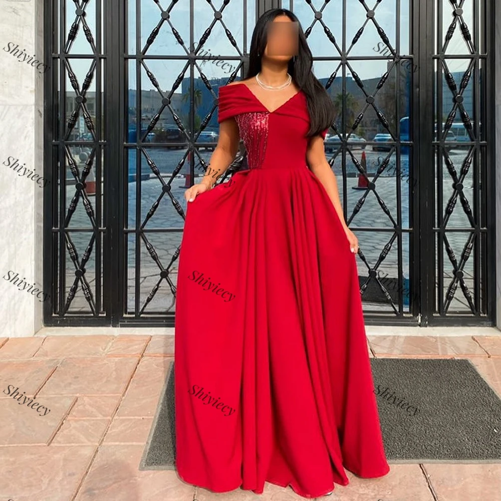 Shiyiecy Red Off the Shoulder Prom Dress Arabia saudita Jersey con paillettes abito da sera con scollo a v abiti speciali Occaion di alta qualità