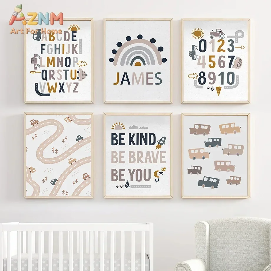 AZNM Personalized Name Transport Theme Canvas Wall Art Set of 6 Alphabet Number Rainbow Car Print Poster Neutral Boho Boys Nurse