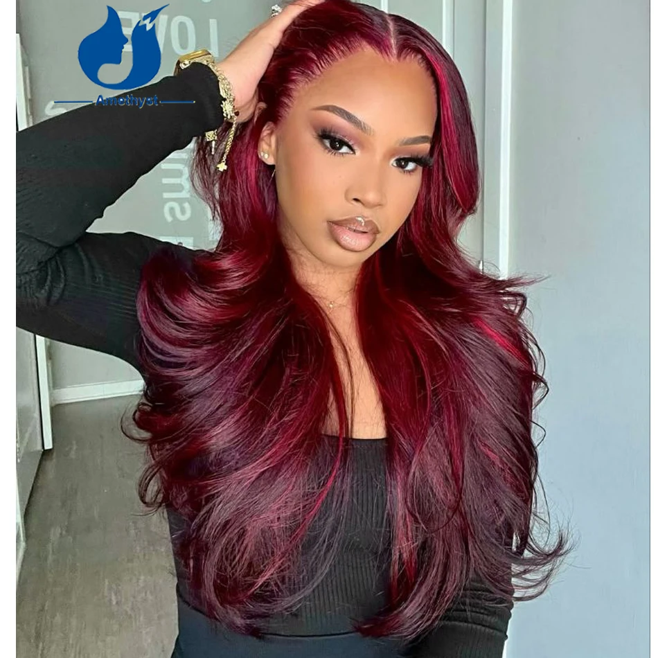 Amethyst Long Wave Red Highlight 13x6 Lace Front Wig for Women Remy Brazilian Human Hair Pre-Plucked Burgundy Color Layered