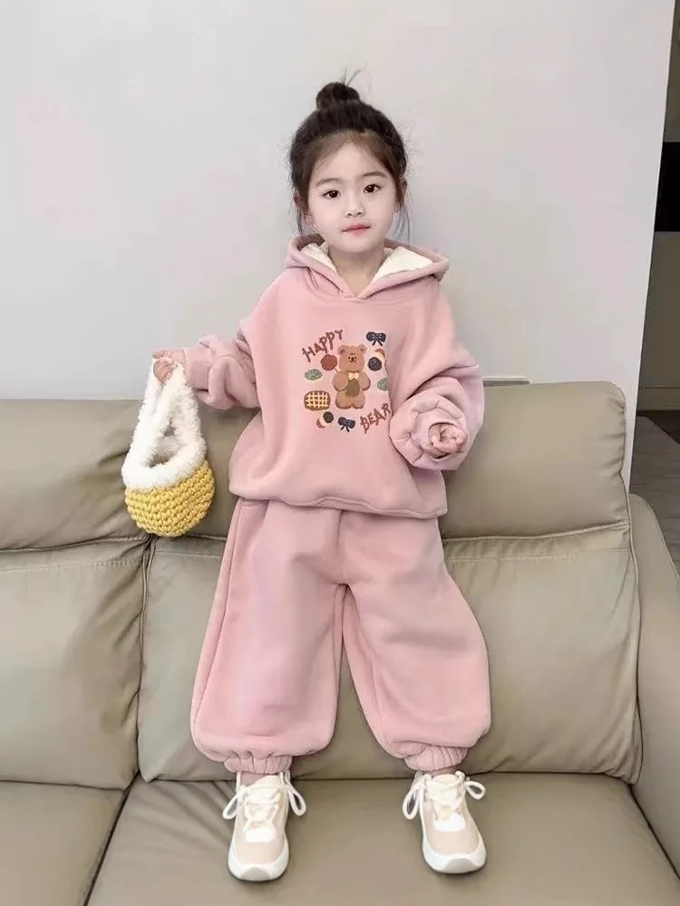

Girls' Cartoon Fleece-Lined Thickened Set Autumn Winter New Baby Warm Stylish Casual Two-Piece Set