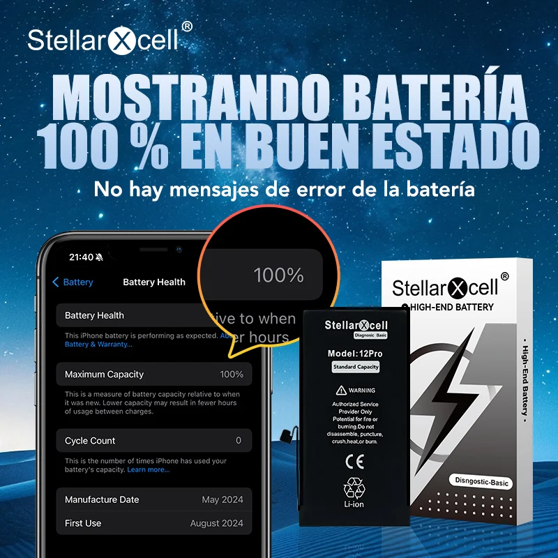 StellarXcell Batería de Diagnóstico Básica para iPhone 12 13 14 15 Mini Pro Max Plus Compatible Sin Mensajes de Error 100% Saludable Herramienta Gratuita 3