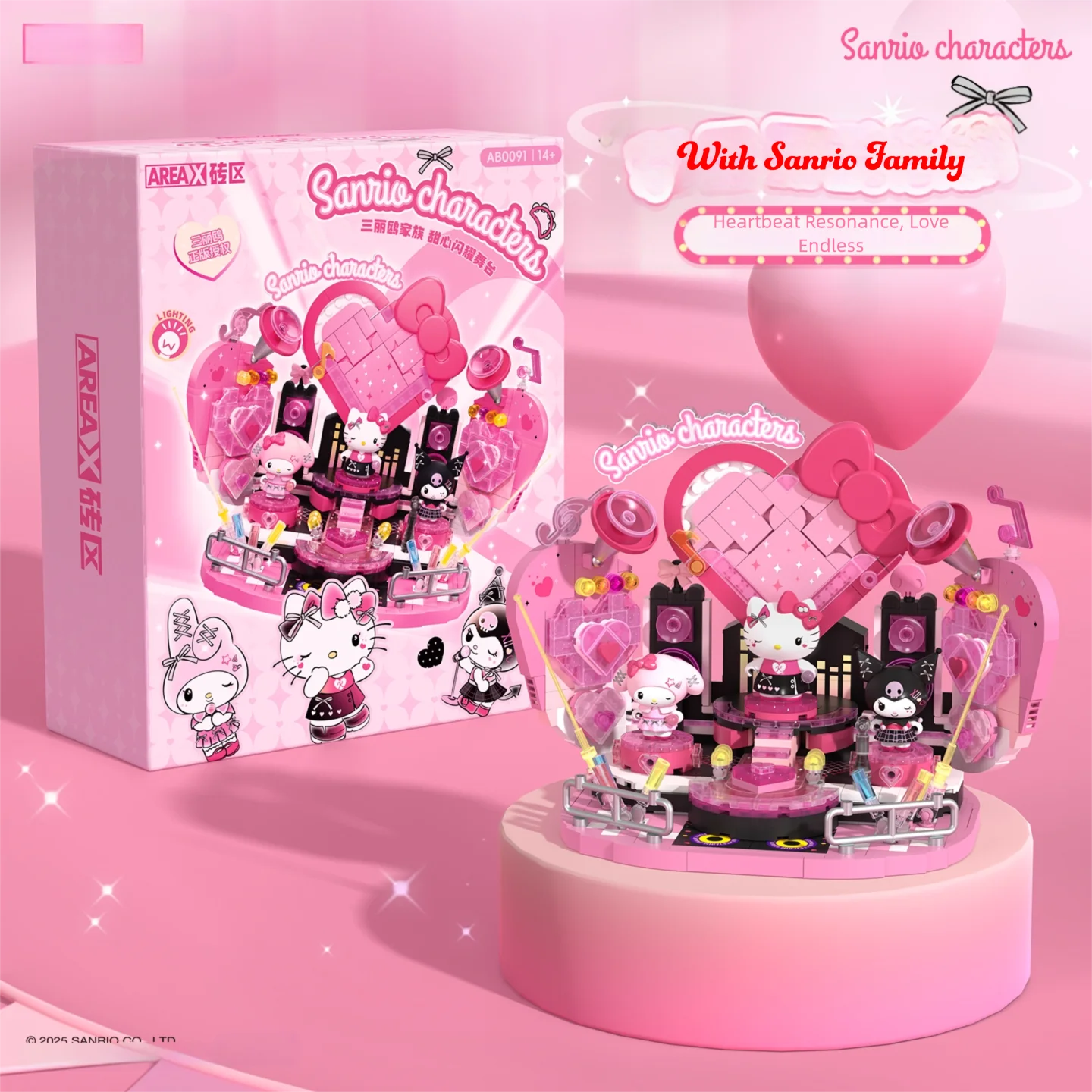 

Sanrio Hello Kitty Sweetheart Shining Stage Anime Peripherals Kuromi Scene Model Bricks with Light Ornaments Collection Kids Toy