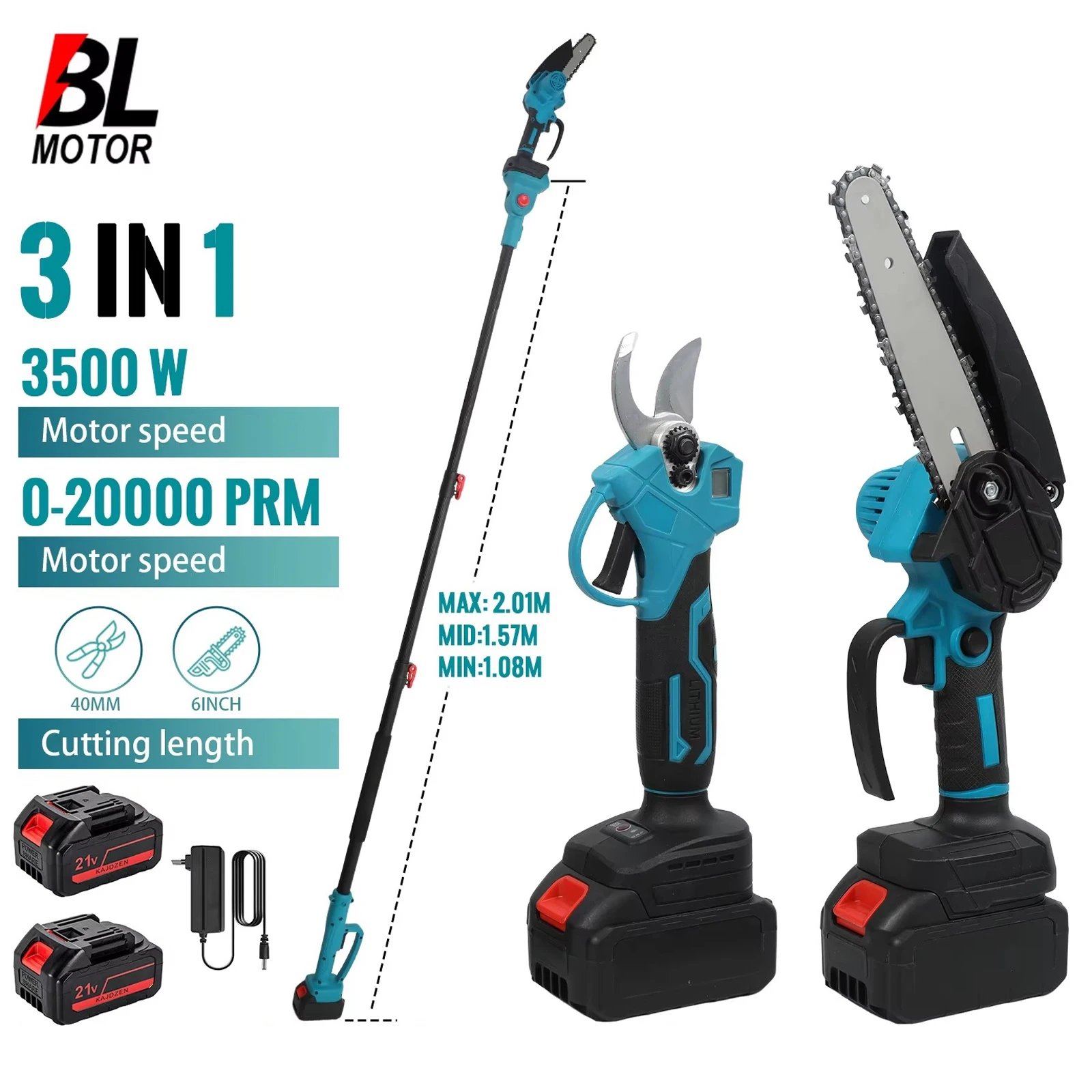 3-in-1 bürstenlose, kabellose Teleskopstange, elektrische Kettensäge, Astschere, multifunktionales Werkzeug zum Beschneiden hoher Äste und Bäume, Gartenpflege-Elektrowerkzeug für Makita 18V Akku