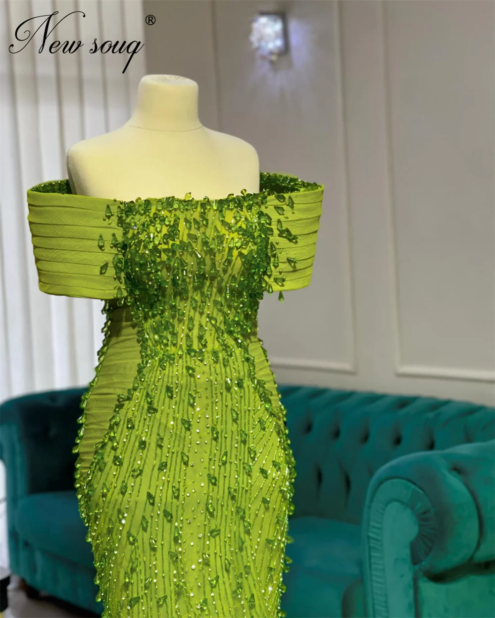 

Green Boat Neck Evening Dresses Off Shoulder Elegant Beading Female Evening Dress Wedding Party Vestidos De Cóctel Customized