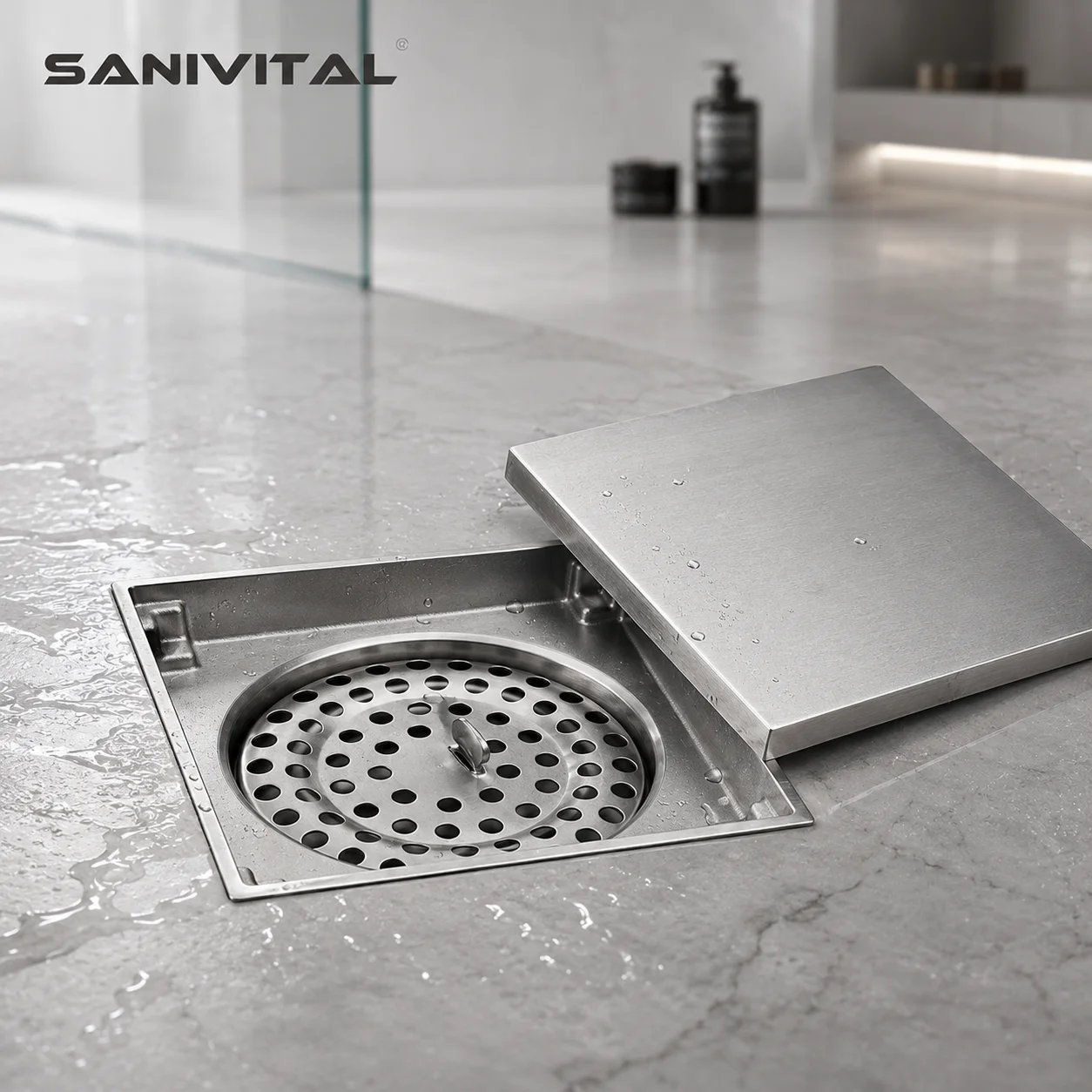 SANIVITAL Square Invisible Floor Drain SUS304 Stainless Steel Removable Anti-Clogging Bathroom Shower Drain