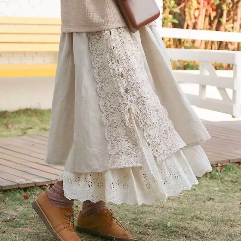 

2024 Spring Vintage Mori Girl Style Cotton Linen Lace Long Skirts Japanese Aesthetic High Waist A-line Pleated Skirt for Women