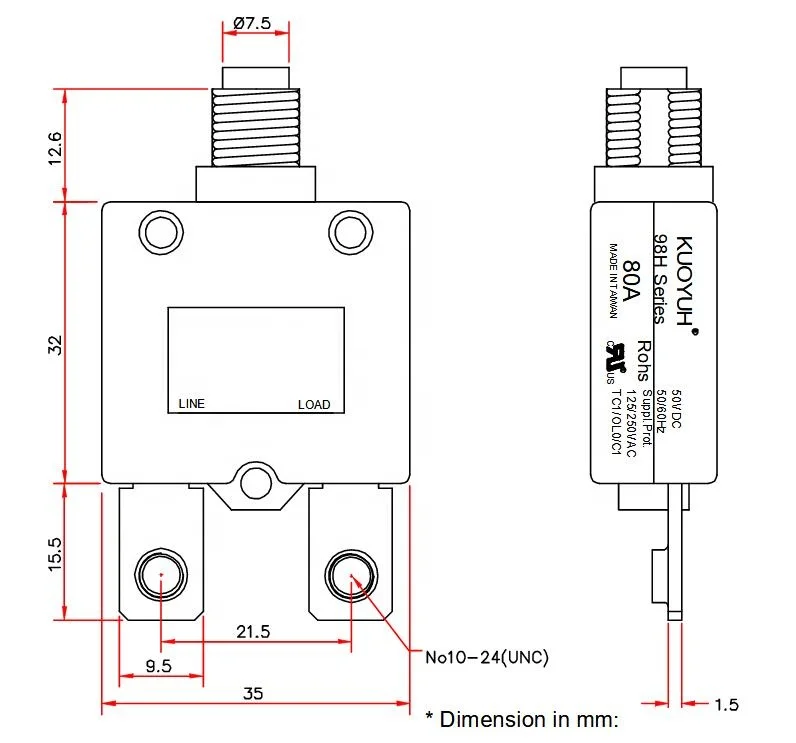 Kuoyuh 98 series 5A 10A 20A 30A 40A 50A overload thermal mini circuit breaker for power strip