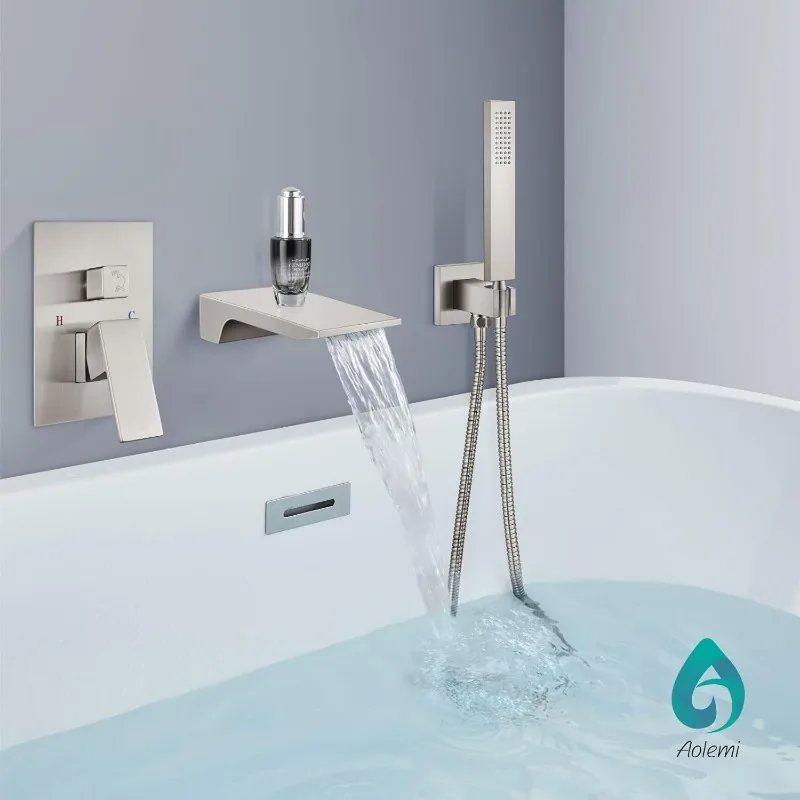 Faucet Bath Tub Faucet Set Waterfall Tub Filler with Handheld Sprayer Single Handle Solid Brass Rough-